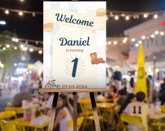 Letrero de bienvenida para niño estadounidense, plantilla editable de Canva, póster de 24x36, decoración para fiesta de primer cumpleaños, tema rústico imprimible,