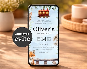 Convite animado para festa com tema de trem, festa na floresta, aniversário de 5 anos de menino, editável no Canva, download instantâneo.