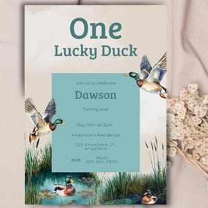 One lucky duck birthday invite, duck themed first birthday, 1st birthday boy, hunting first birthday, nature themed party, duck party decor