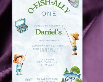 Editable Gone Fishing First Birthday Invitation Template for Boys, O-Fish-Ally One Printable Invite, 1st Birthday Party Fishing Theme