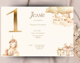 Unicorn 1st Birthday Invitation template | Editable Pink Girl’s First Birthday Party Invite | Printable Birthday Invitation