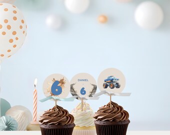 Lembrancinhas de aniversário com tema de Monster Truck, arquivo editável para festa de aniversário de menino de 6 anos, modelo de topper de cupcake para Canva, download instantâneo