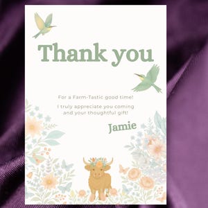 Highland Cow Thank You Card Cottagecore Birthday Printable • Floral Farm Animal Party Stationery • PDF Template Matching Rustic Decor