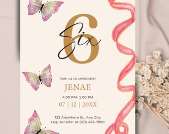 Cumpleaños de mariposas y cintas, invitación para el sexto cumpleaños de niñas, invitación de mariposas para niñas, fiesta temática femenina, decoración de fiesta temática de mariposas
