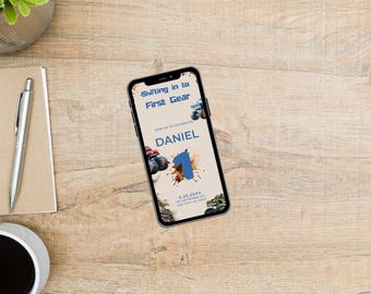 Convite para festa de aniversário com tema Monster Truck, tema "Mude para uma jornada" (e-mail), convite personalizado para festa, modelo Canva, editável.