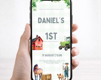 Convite de Aniversário de Um Ano com Tema de Animais da Fazenda, Cartão Digital para Festa no Celeiro, Modelo Editável no Canva, Download Imediato