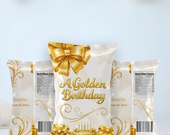 Lembrancinha de Festa de Aniversário Dourada, Modelo Editável de Pacote de Salgadinhos, Aniversário de 10 Anos para Meninas, Download Instantâneo do Canva