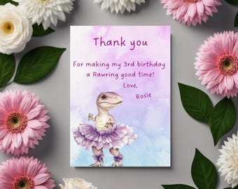 Three-Rex Dinosaur Thank you Invitation template for Girls | Editable 3rd Birthday | Cute T-Rex Theme | Digital Download| 3.5x5”