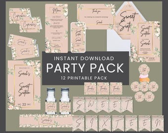 Szablony Sweet Sixteen blush pink Party Bundle - edytowalne w Canva. Zawiera zaproszenie, kartkę z podziękowaniami, tagi z podziękowaniami, znak powitalny i wiele więcej