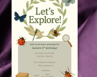 Plantilla editable de invitación de cumpleaños "Exploremos insectos" para niños, fiesta de naturaleza con insectos, mariposas, temática de museo, invitación para tercer cumpleaños