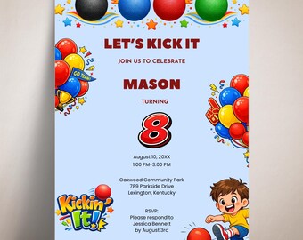 Kickball Party Invitation, Editable Sports Theme Invite, Instant Download Boy's 8th Birthday, Canva Template