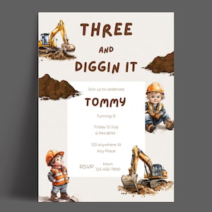 Three and Diggin It Birthday Invitation | Editable Construction Party Canva Template | Printable 5x7 Boys 3rd Birthday Invite
