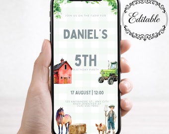 Convite de aniversário para menino com tema de animais da fazenda, convite digital para festa na fazenda, cartão de aniversário editável no Canva, download instantâneo.