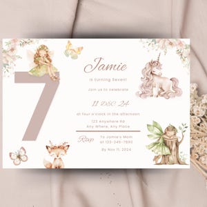 Fairy birthday 7th, girl's birthday invite, enchanted forest ninth birthday, 7th girls magical themed party, pink party decor