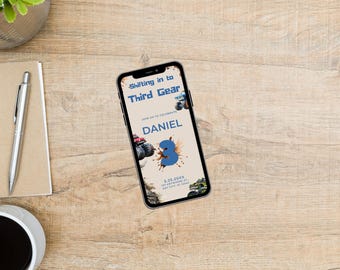 Convite eletrônico para festa com tema de Monster Truck, convite de aniversário de 3 anos para menino, modelo personalizado do Canva, download instantâneo.