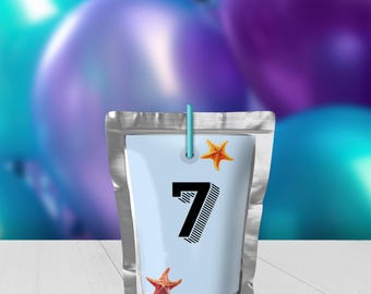 Megalodon Shark Birthday Juice Pouch Labels, Editable Canva Template, 7th Birthday Party Decor, Blue Shark Theme Digital Download