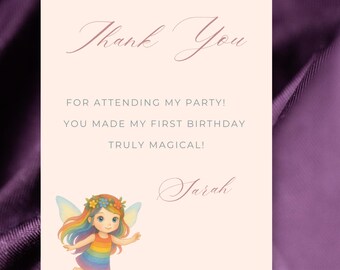 Fairy birthday thank you card template girl magical party printable pastel editable note enchanted forest digital file