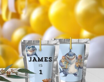 First Birthday Juice Pouch Label, Blue Megalodon Shark Theme, Editable Canva Template, Personalized Party Decor, Printable Labels