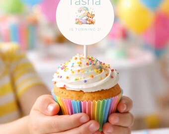 Topper de cupcake com tema de animais, decoração para segundo aniversário, modelo editável do Canva, download instantâneo para festa.