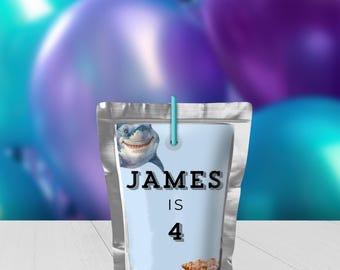 Editable Blue Megalodon Shark Juice Pouch Label Template, Fourth Birthday Party Decor, Canva Printable, Kids Ocean Theme
