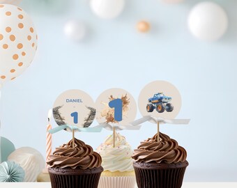 Modelo de topper de cupcake de caminhão monstro, lembrancinhas para festa, download, arquivo Canva editável, festa Shift Into Gear