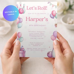 Könnte beinhalten: Eine rechteckige Geburtstagseinladungskarte mit rosa, lila und türkisfarbenen Bowlingkegeln, Bällen, Luftballons und Geschenkschachteln. Der Text lautet Let's Roll! Join us to celebrate Harper's 8th birthday, Saturday, March 8th, Lucky Strike Lanes, 214 Kingpin Avenue, Lexington, KY, 2:00 PM - 4:00 PM, RSVP to Jessica at (555) 123-9876 by March 1st, Strike, spare, or gutter - we'll have a ball!
