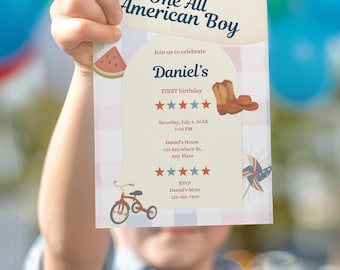 Convite para meninos americanos, convite de aniversário patriótico, festa de 4 de julho, download digital para meninos