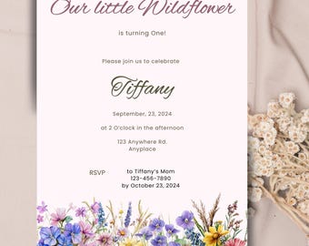 Wildflower invitation template, girl's first birthday, floral party decor, Our little wildflower, pink birthday party, wild flower theme