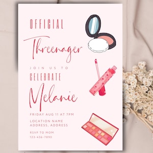 Little Miss Threenager, girls 3rd birthday invitation, pink threenager invite, customizable third birthday template, make up third birthday