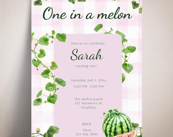 One in a melon, pink invite, watermelon birthday, girls first birthday, pink gingham, invitation template, digital download, watermelon vine