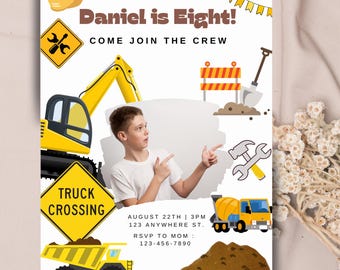 May include: A construction-themed birthday party invitation with a photo of a boy in a yellow excavator. The invitation says "Daniel is Eight! Come Join the Crew" and includes details for the party, including the date, time, and address.