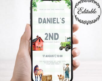 Convite de aniversário com tema de fazendeiro, convite para festa com animais da fazenda, modelo editável no Canva, download instantâneo, segundo aniversário.