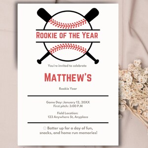 Rookie of the year invite, boy's first birthday, baseball themed party, 1st birthday invitation,, customizable baseball party