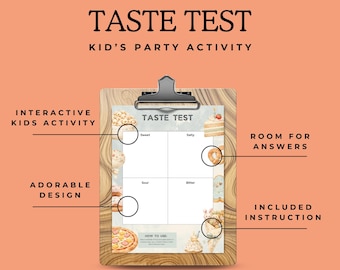 Teste de degustação de comidas para festa infantil, jogo de aniversário para imprimir, download divertido em PDF, pacote de atividades para crianças