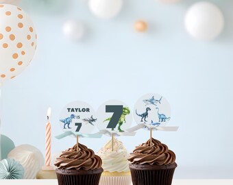 Topper de cupcake para aniversário de 7 anos com tema de tubarão e dinossauro, lembrancinhas personalizadas, modelo editável, download instantâneo.