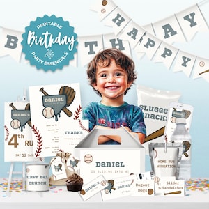 Baseball Drip Birthday Party Bundle druckbare Vorlagen für Canva, bearbeitbarer Baseball einladen, Dekor, Favor Tags & Labels Set