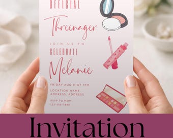 Lilla Fröken Threenager, inbjudan till flickors 3-årsdag, rosa Threenager-inbjudan, anpassningsbar mall för tredje födelsedag, smink till tredje födelsedag