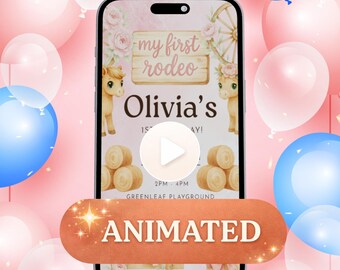 Convite digital animado, Meu primeiro rodeio, Vídeo de primeiro aniversário da menina, Modelo editável, Download instantâneo