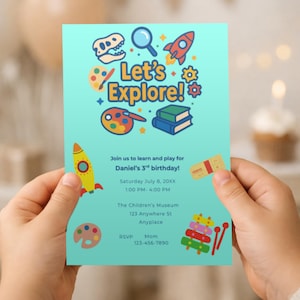 Editable Let’s Explore Museum Birthday Invitation for Kids Science Art Rocket Theme Third Birthday Party Canva Template