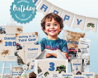 Modelo de festa de aniversário de Monster Truck, conjunto de convites editáveis do Canva, sinalização faça você mesmo, lembrancinhas para crianças