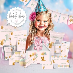 Beary eerste verjaardag meisje feestbundel afdrukbare set roze teddybeer thema 1e verjaardag uitnodiging bord decor wateretiketten en meer