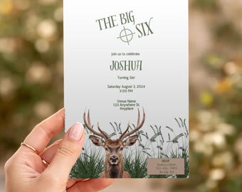 Big One sechsten Geburtstag, Jagd einladen, bearbeitbare 6. Geburtstag einladen, Jungen Jagdparty, eine glückliche Buck Hirschjagd Party einladen