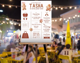 May include: A white sign with a gingerbread person design, celebrating a child's first birthday. The sign lists the child's name, Tasha, and includes details like their age, height, weight, favorite things, and favorite book. The sign is on a wooden easel.