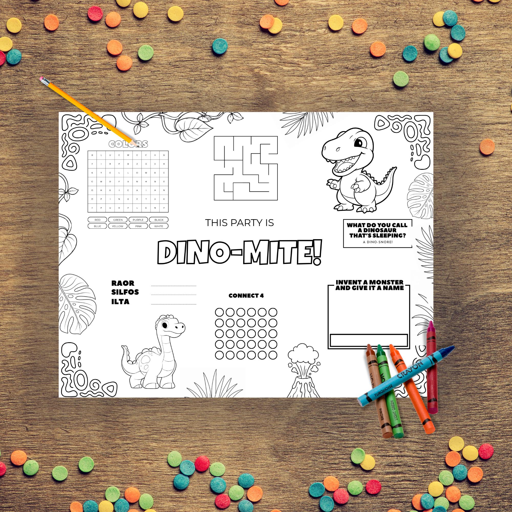 Dinosaur Activity Placemat Printable, Dino Birthday Coloring Page, Kids ...