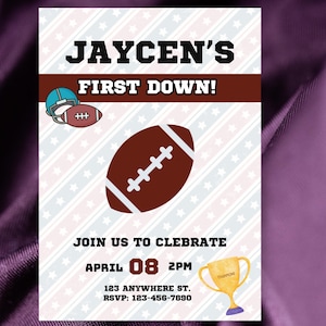 First down football boy’s first birthday invitation- editable template- print at home invitations- editable in canva