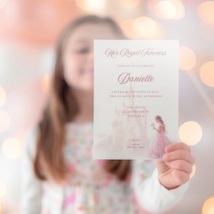 Modèle modifiable d'invitation d'anniversaire de princesse | Son équité royale | Faire-part sur toile 5 x 7 | Fête de filles imprimable