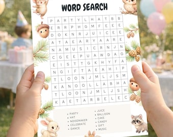 Caça-palavras de aniversário infantil para imprimir, jogo de festa, quebra-cabeça infantil, atividade de aniversário para download instantâneo, jogo de festa infantil para ambientes internos.