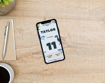 Convite de aniversário com tema de tubarão e dinossauro, modelo para menino de 11 anos, editável no Canva, download instantâneo, cartão de festa digital