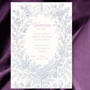 Elegant Floral Blue Toile Birthday Invitation Template for Girls | Editable Canva Garden Party Invite | Printable French Chic Party Design