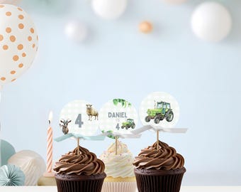 Recuerdo de fiesta de granja, adorno rústico para cupcakes, decoración editable en Canva, set de cumpleaños de granja, recuerdo de fiesta campestre